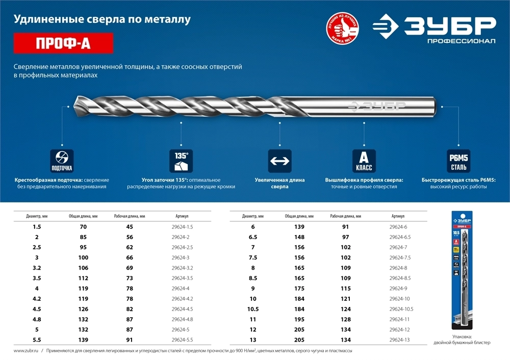 ЗУБР  ПРОФ-А, 4.2 х 119 мм, сталь Р6М5, класс А, удлиненное сверло по металлу, Профессионал (29624-4.2) 29624-4.2