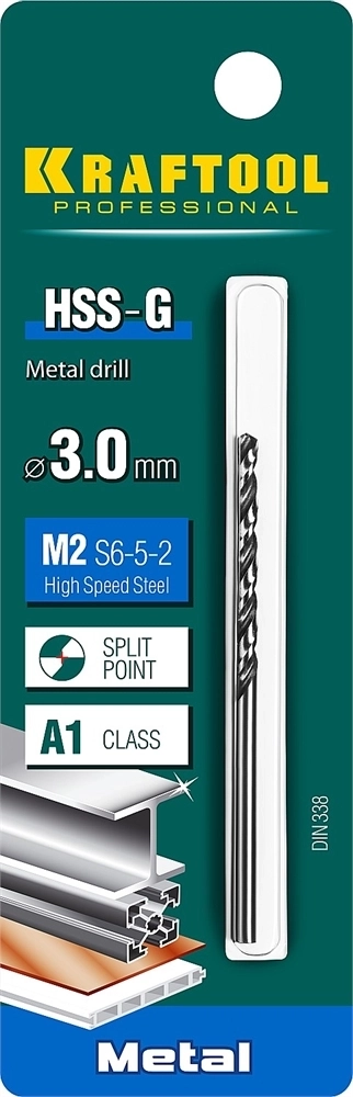 KRAFTOOL  HSS-G, 3.0 х 61 мм, сталь P6M5, сверло по металлу (29651-3) 29651-3