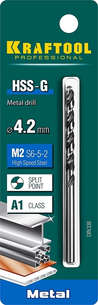 KRAFTOOL  HSS-G, 4.2 х 75 мм, сталь P6M5, сверло по металлу (29651-4.2) 29651-4.2