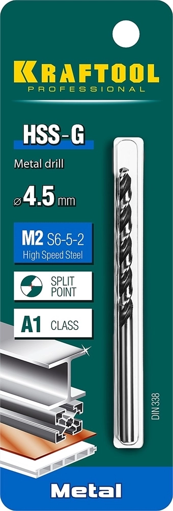 KRAFTOOL  HSS-G, 4.5 х 80 мм, сталь P6M5, сверло по металлу (29651-4.5) 29651-4.5