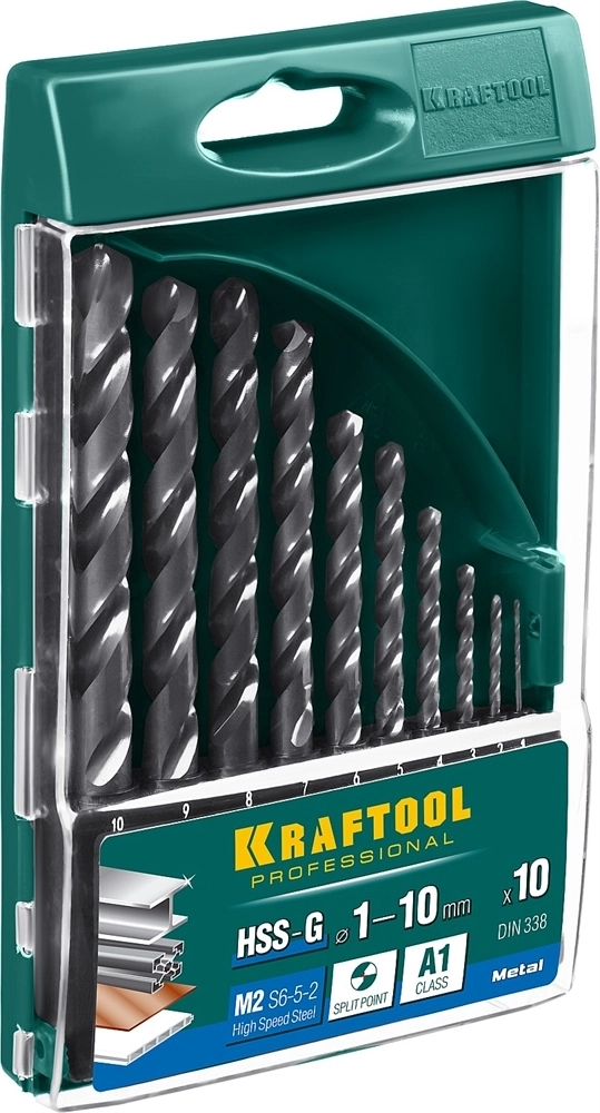 KRAFTOOL  HSS-G, 10 шт, (1-10 мм), сталь P6M5, набор сверл по металлу (29651-H10) 29651-H10
