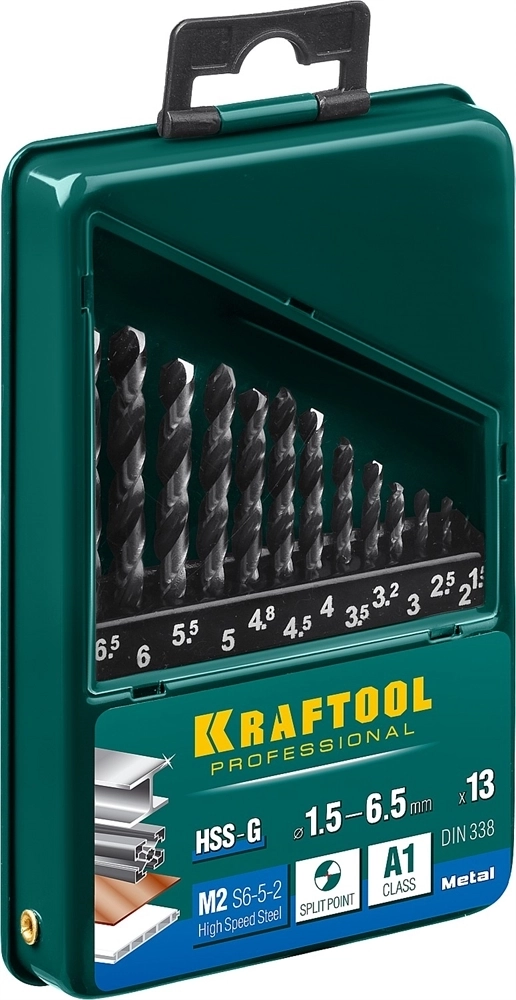 KRAFTOOL  HSS-G, 13 шт, (1.5-6.5 мм), сталь P6M5, набор сверл по металлу (29651-H13) 29651-H13