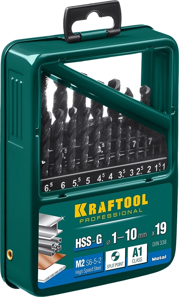 KRAFTOOL  HSS-G, 19 шт, (1-10 мм), сталь P6M5, набор сверл по металлу (29651-H19) 29651-H19