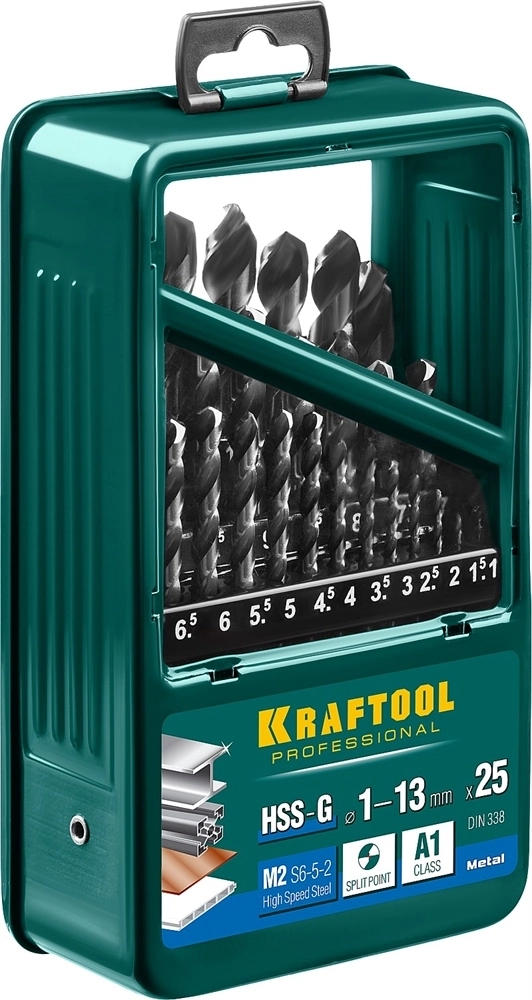 KRAFTOOL  HSS-G, 25 шт, (1-13 мм), сталь P6M5, набор сверл по металлу (29651-H25) 29651-H25