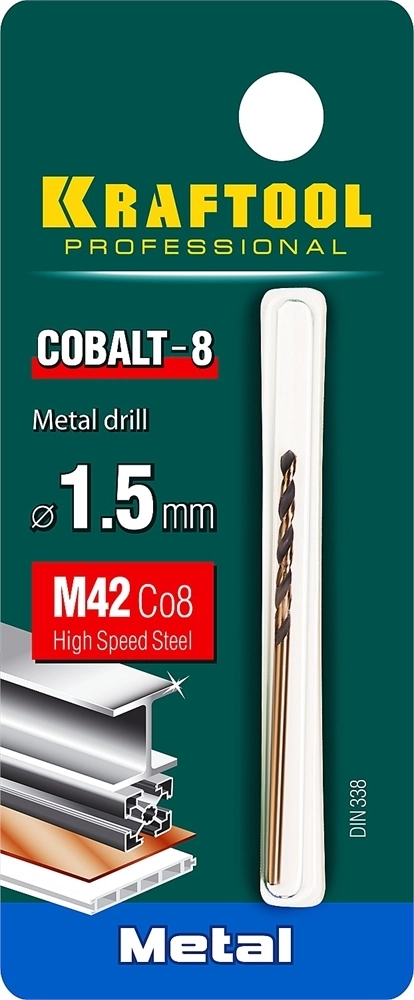 KRAFTOOL  Cobalt, 1.5 х 43 мм, сталь М42, HSS-Co(8%), сверло по металлу (29656-1.5) 29656-1.5