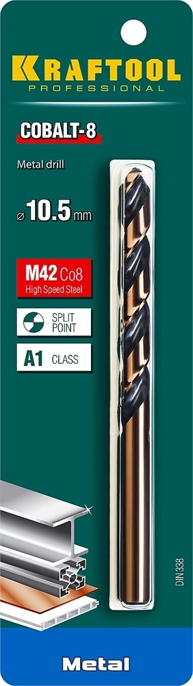 KRAFTOOL  Cobalt, 10.5 х 133 мм, сталь М42, HSS-Co(8%), сверло по металлу (29656-10.5) 29656-10.5