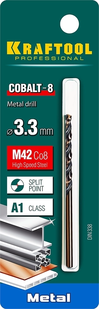KRAFTOOL  Cobalt, 3.3 х 65 мм, сталь М42, HSS-Co(8%), сверло по металлу (29656-3.3) 29656-3.3