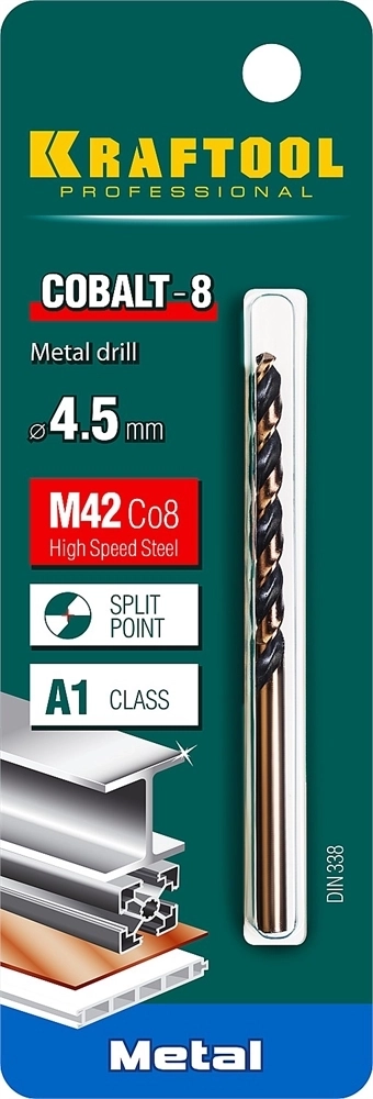 KRAFTOOL  Cobalt, 4.5 х 80 мм, сталь М42, HSS-Co(8%), сверло по металлу (29656-4.5) 29656-4.5