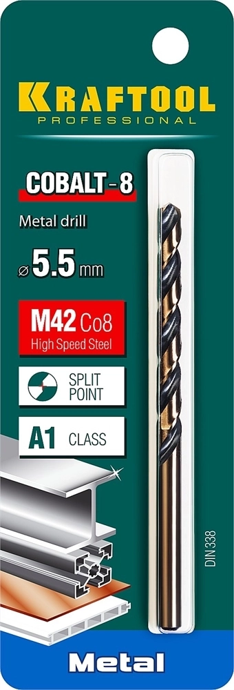 KRAFTOOL  Cobalt, 5.5 х 93 мм, сталь М42, HSS-Co(8%), сверло по металлу (29656-5.5) 29656-5.5