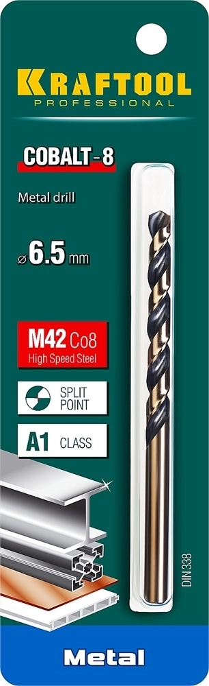 KRAFTOOL  Cobalt, 6.5 х 101 мм, сталь М42, HSS-Co(8%), сверло по металлу (29656-6.5) 29656-6.5