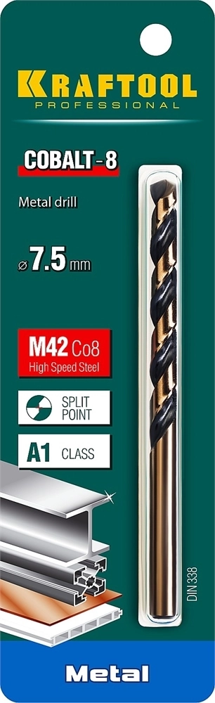 KRAFTOOL  Cobalt, 7.5 х 109 мм, сталь М42, HSS-Co(8%), сверло по металлу (29656-7.5) 29656-7.5