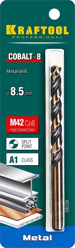KRAFTOOL  Cobalt, 8.5 х 117 мм, сталь М42, HSS-Co(8%), сверло по металлу (29656-8.5) 29656-8.5