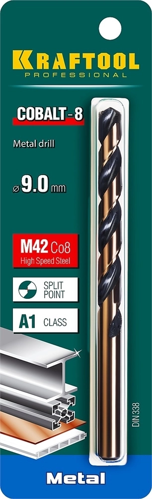 KRAFTOOL  Cobalt, 9.0 х 125 мм, сталь М42, HSS-Co(8%), сверло по металлу (29656-9) 29656-9