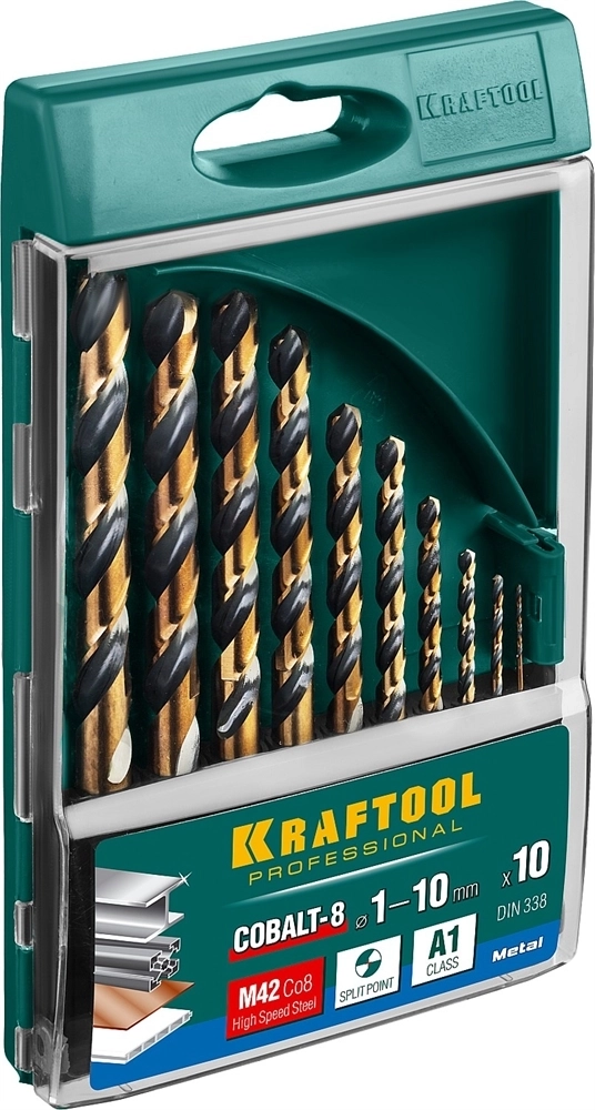 KRAFTOOL  Cobalt, 10 шт, (1-10 мм), сталь М42, HSS-Co(8%), набор сверл по металлу (29656-H10) 29656-H10