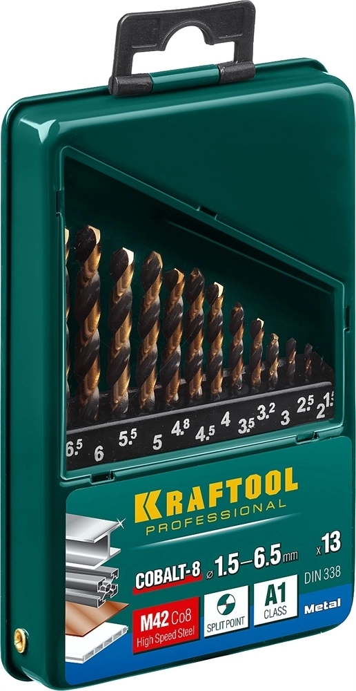 KRAFTOOL  Cobalt, 13 шт, (1.5-6.5 мм), сталь М42, HSS-Co(8%), набор сверл по металлу (29656-H13) 29656-H13