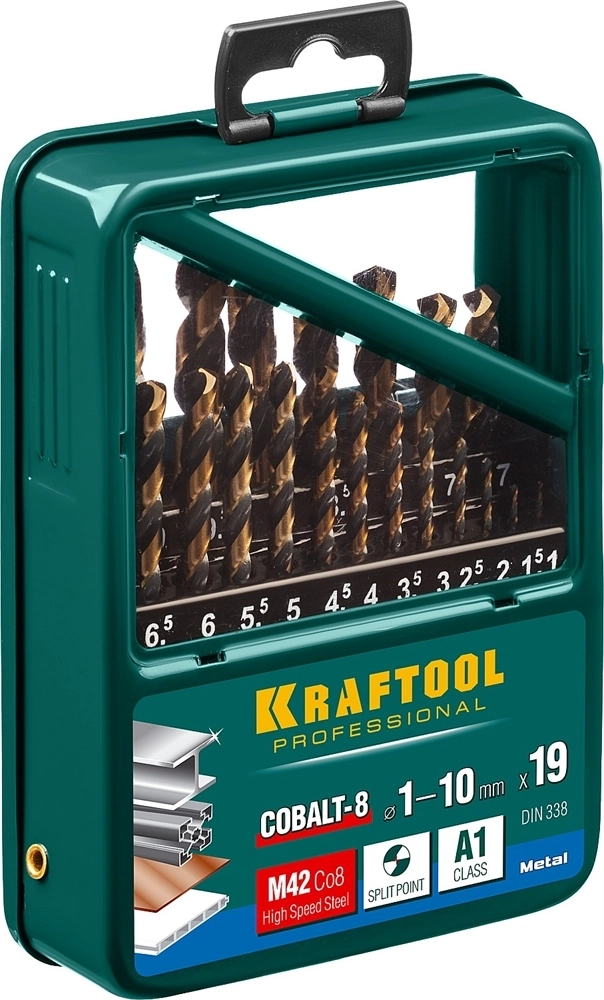 KRAFTOOL  Cobalt, 19 шт, (1-10 мм), сталь М42, HSS-Co(8%), набор сверл по металлу (29656-H19) 29656-H19