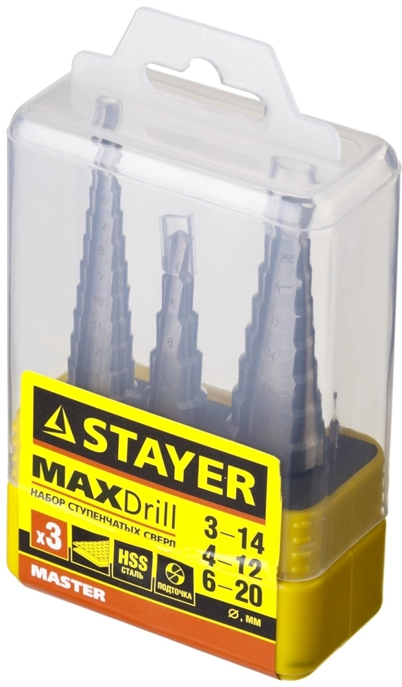 STAYER  3 шт, 3-20 мм, сталь HSS, набор ступенчатых сверл (29660-3-20-H3) 29660-3-20-H3