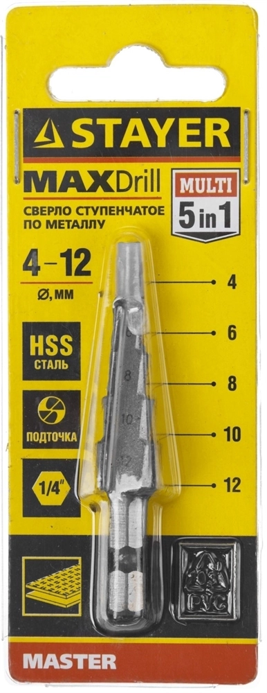 STAYER  4-12 мм, 5 ступеней, сталь HSS, ступенчатое сверло (29660-4-12-5) 29660-4-12-5