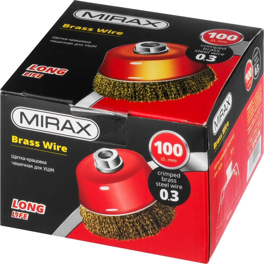 MIRAX  100 мм, витая стальная латунированная проволока 0.3 мм, чашечная щетка-крацовка для УШМ (35142-100) 35142-100