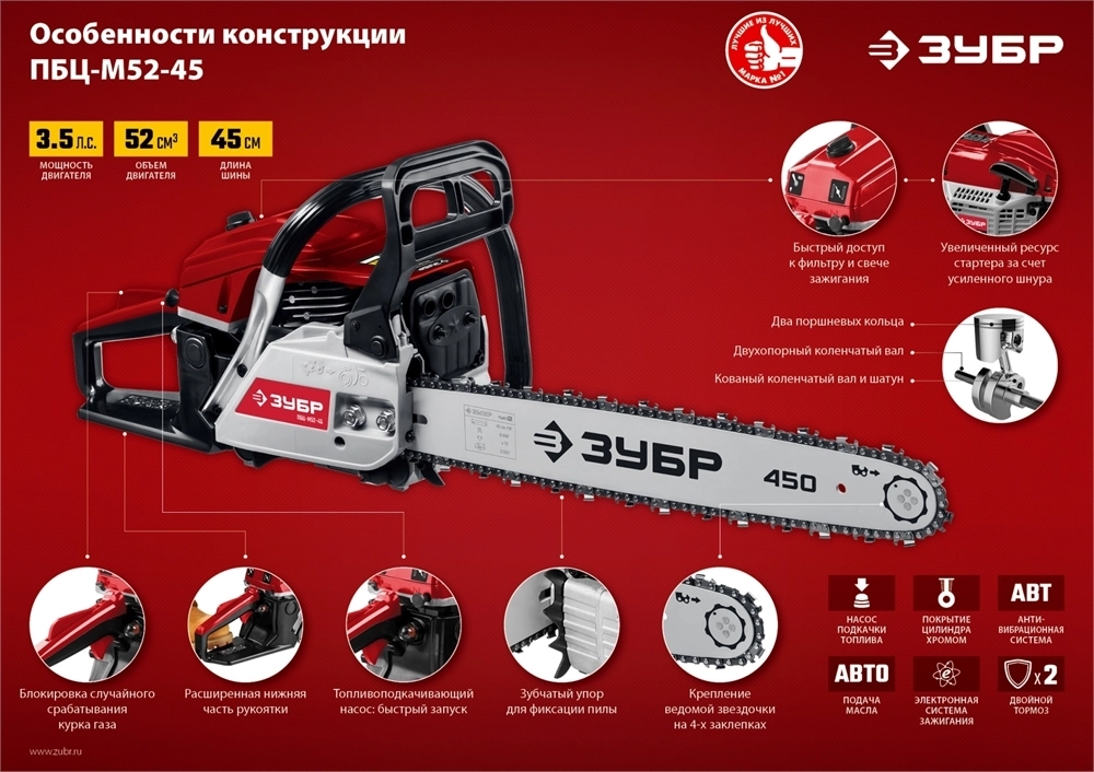 ЗУБР  52 см3, 45 см, бензопила (ПБЦ-М52-45) ПБЦ-М52-45