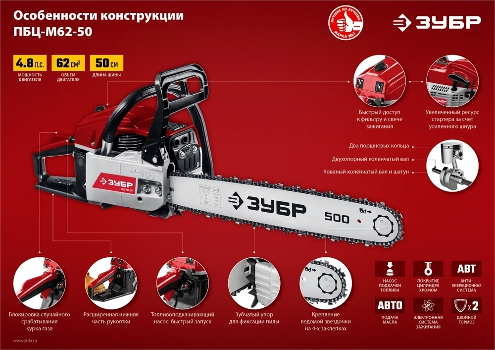 ЗУБР  62 см3, 50 см, бензопила (ПБЦ-М62-50) ПБЦ-М62-50