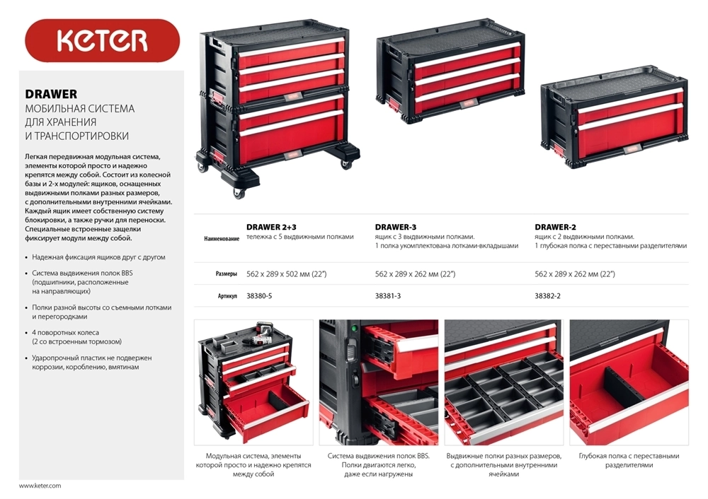 KETER  DRAWER, 562 х 289 х 502 мм, (22″),  пластиковый ящик с 5 выдвижными полками (38380-5) 38380-5