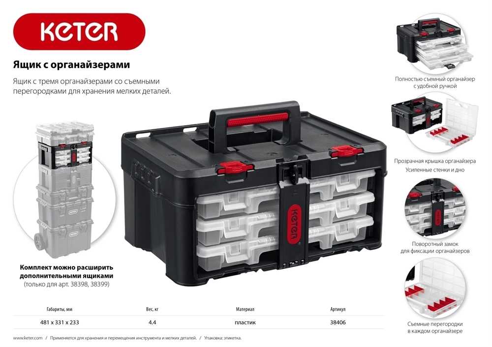 KETER  STACKNROLL, 481 х 332 х 233 мм, (19″), пластиковый ящик с 3 органайзерами и 18 ячейками (38406) 38406