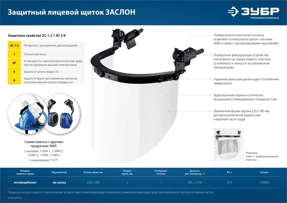 ЗУБР  ЗАСЛОН, экран 220 х 385 мм, поликарбон 2 мм, защитный лицевой щиток для крепления на каске, Профессионал (110853) 110853