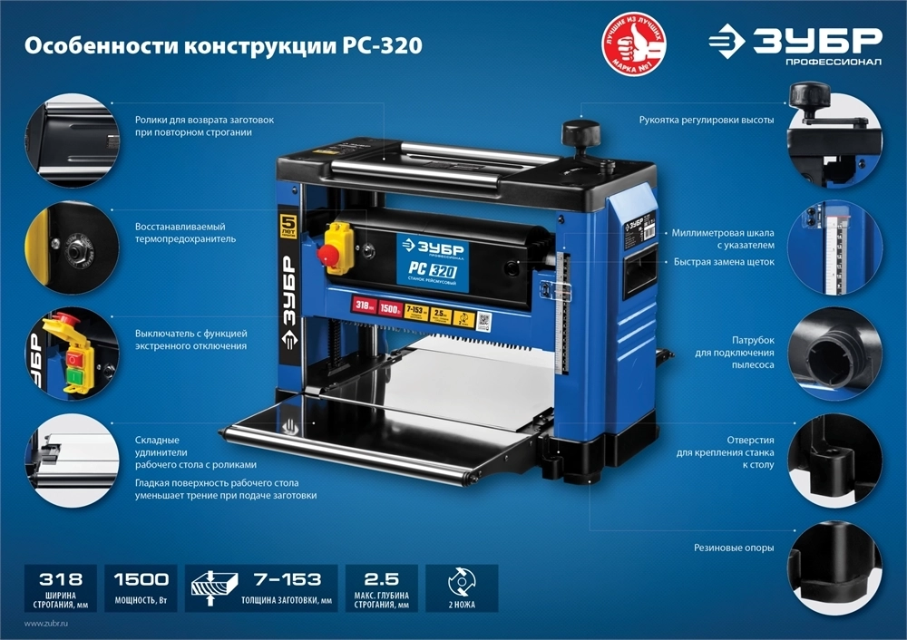 ЗУБР   320 мм, 1500 Вт, рейсмусовый станок, Профессионал (РС-320) РС-320