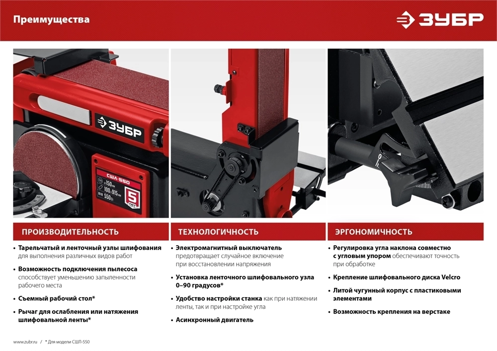 ЗУБР   d 150 мм, 100 х 914 мм лента, 550 Вт, тарельчато - ленточный шлифовальный станок (СШЛ-550) СШЛ-550