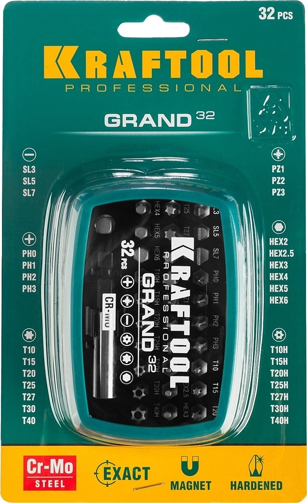 KRAFTOOL  Grand-32, с магнитным адаптером 32 шт, набор бит (26083-H32) 26083-H32