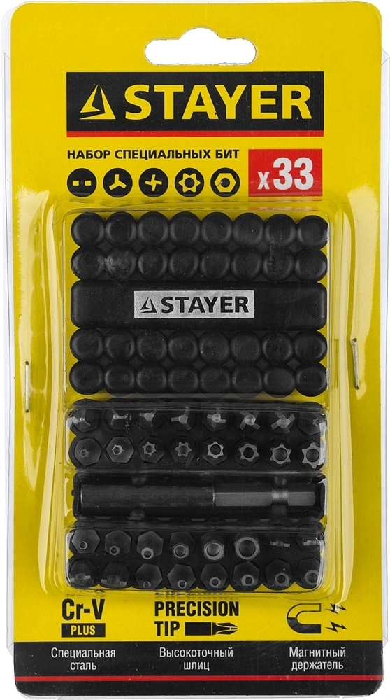 STAYER  33 шт, набор специальных бит с магнитным адаптером (26084-H33) 26084-H33