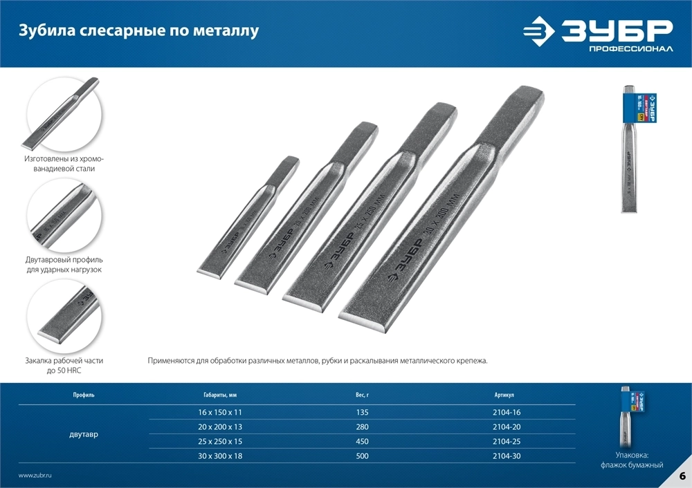 ЗУБР  16 х 150 мм, усиленное двутавровое слесарное зубило по металлу, Профессионал (2104-16) 2104-16