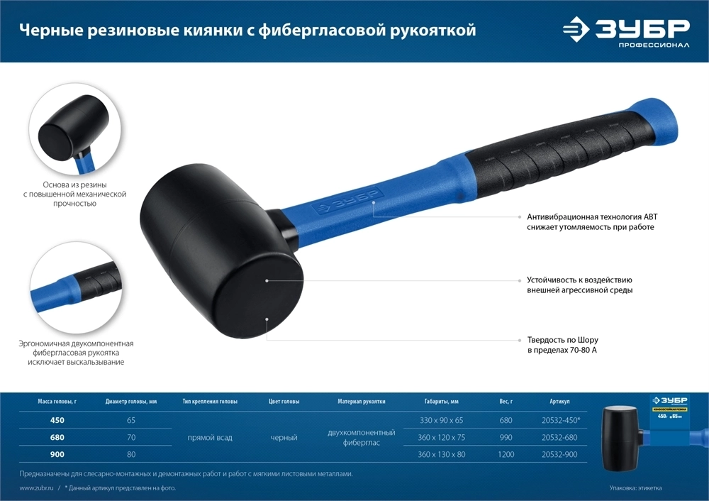 ЗУБР  680 г, чёрная, резиновая киянка, Профессионал (20532-680) 20532-680_z01