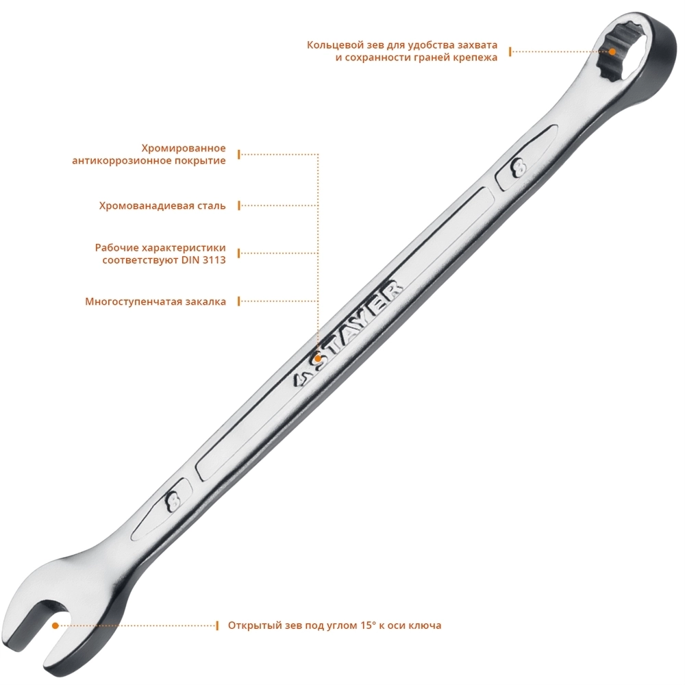 STAYER  HERCULES, 8 мм, комбинированный гаечный ключ, Professional (27081-08) 27081-08_z01