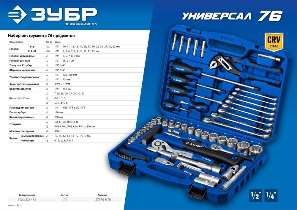 ЗУБР  Универсал-76, 76 предм., (1/2″+ 1/4″), универсальный набор инструмента, Профессионал (27670-H76) 27670-H76