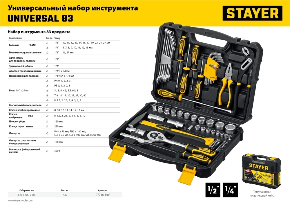 STAYER  UNIVERSAL 83, 83 предм., (1/2″+ 1/4″), универсальный набор инструмента, Professional (27710-H83) 27710-H83