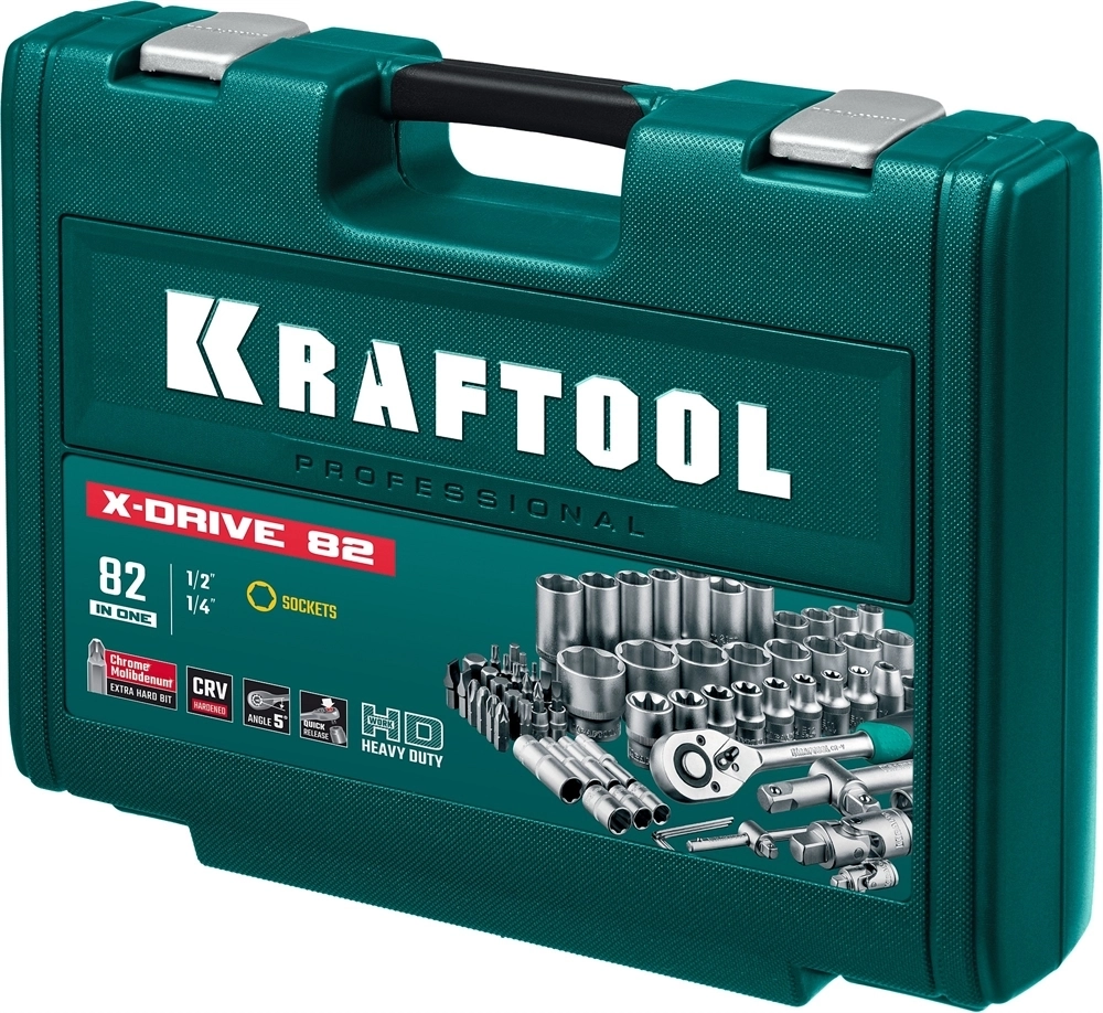 KRAFTOOL  X-Drive 82, 82 предм., (1/2″+1/4″), универсальный набор инструмента (27887-H82) 27887-H82_z03
