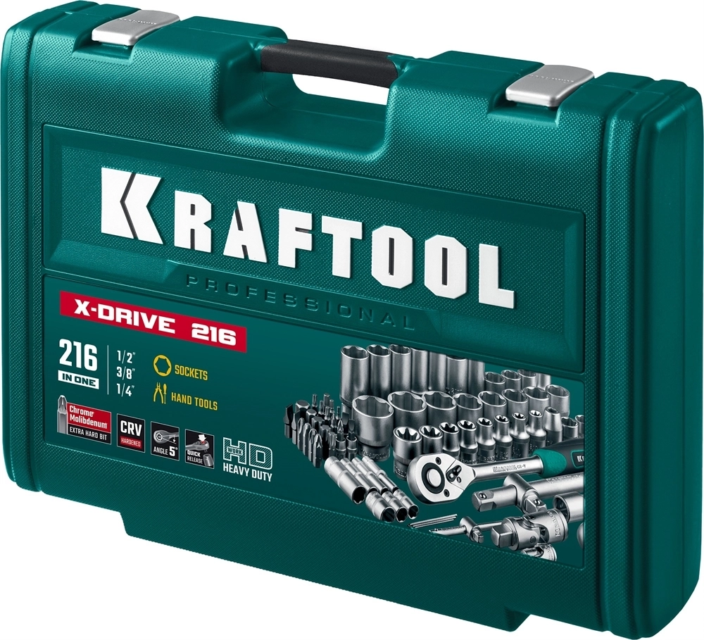 KRAFTOOL  X Drive, 216 предм., (1/2″+3/8″+1/4″), универсальный набор инструмента (27888-H216) 27888-H216