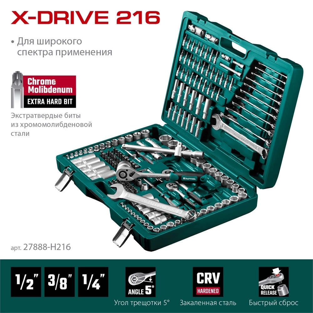 KRAFTOOL  X Drive, 216 предм., (1/2″+3/8″+1/4″), универсальный набор инструмента (27888-H216) 27888-H216