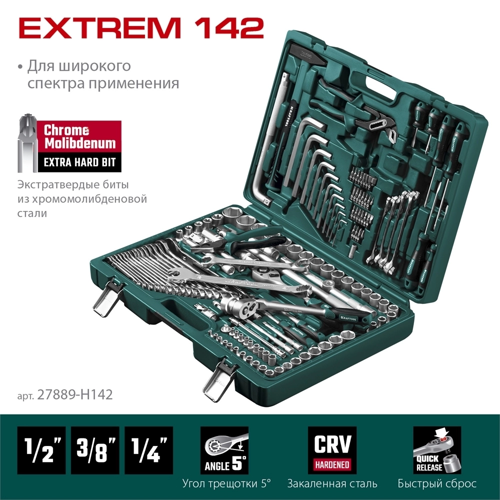 KRAFTOOL  EXTREM-142, 142 предм., (1/2″+3/8″+1/4″), универсальный набор инструмента (27889-H142) 27889-H142
