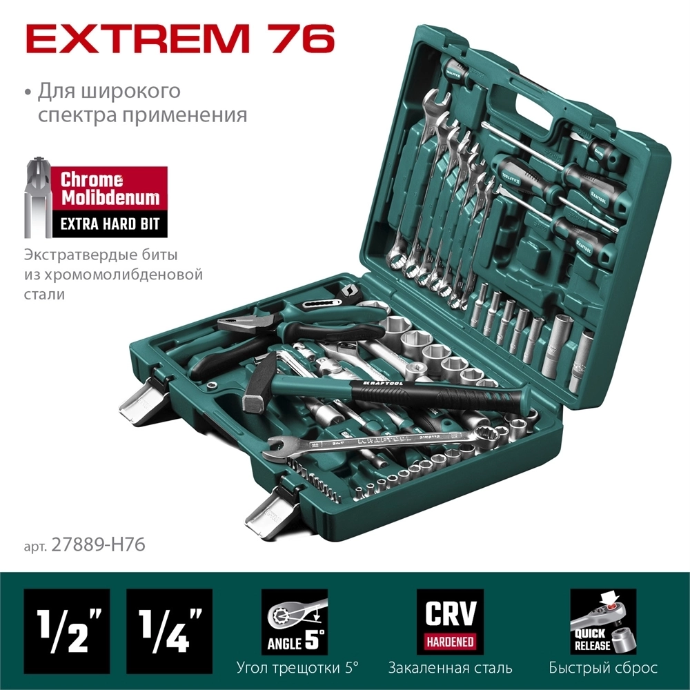 KRAFTOOL  EXTREM-76, 76 предм., (1/2″+3/8″+1/4″), универсальный набор инструмента (27889-H76) 27889-H76