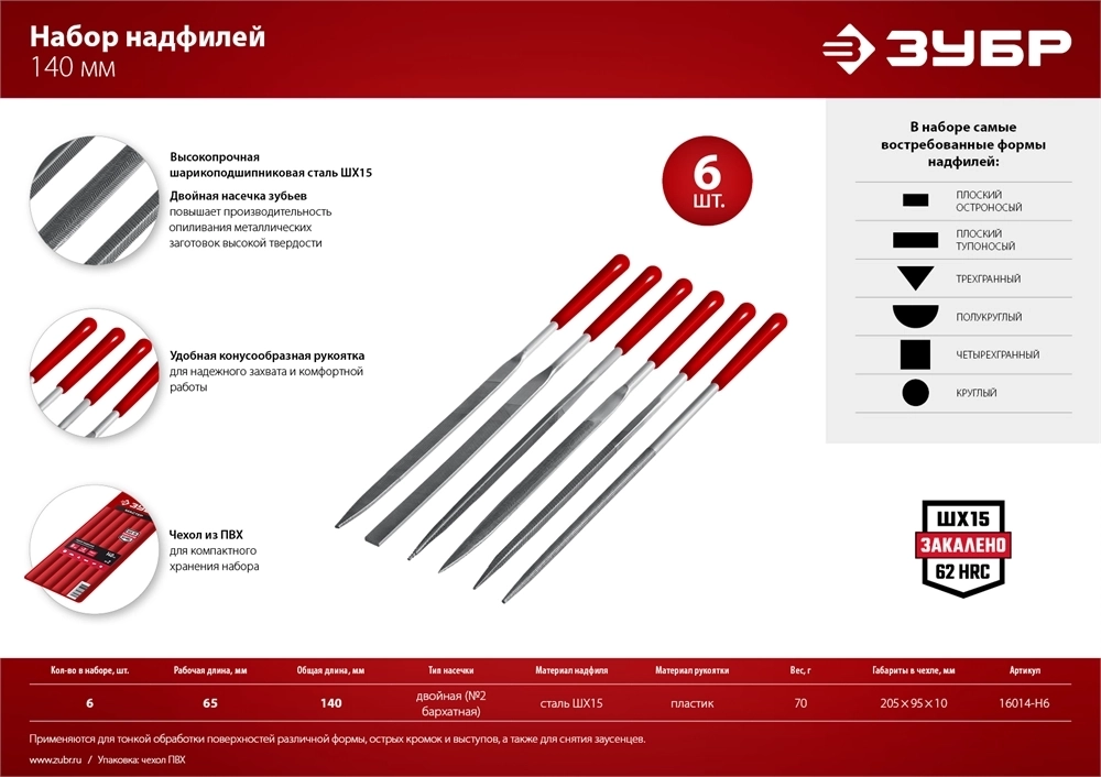 ЗУБР 6 шт, 140 мм, в чехле, с ручками, набор надфилей (16014-H6) 16014-H6