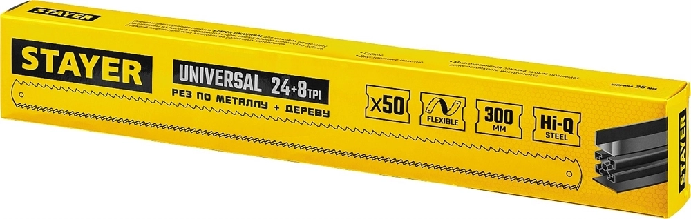 STAYER  Universal, 8 + 24 TPI, 25 х 300 мм, 1 шт, коробка 50 шт, универсальное двустороннее широкое полотно по дереву и металлу (1591) 1591_z01