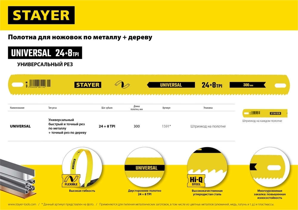 STAYER  Universal, 8 + 24 TPI, 25 х 300 мм, 1 шт, коробка 50 шт, универсальное двустороннее широкое полотно по дереву и металлу (1591) 1591_z01