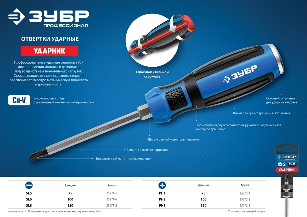 ЗУБР  Ударник, SL8 х 150 мм, ударная отвертка, Профессионал (25271-8) 25271-8