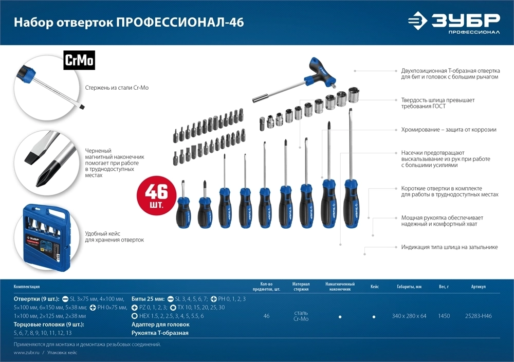 ЗУБР  46 шт, набор отверток с насадками, Профессионал (25283-H46) 25283-H46_z01