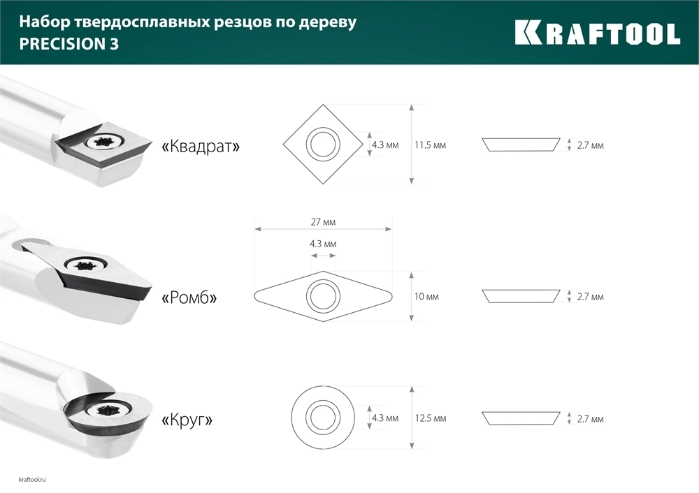KRAFTOOL  Precision-3, 3 предм., набор ручных резцов по дереву (18369) 18369