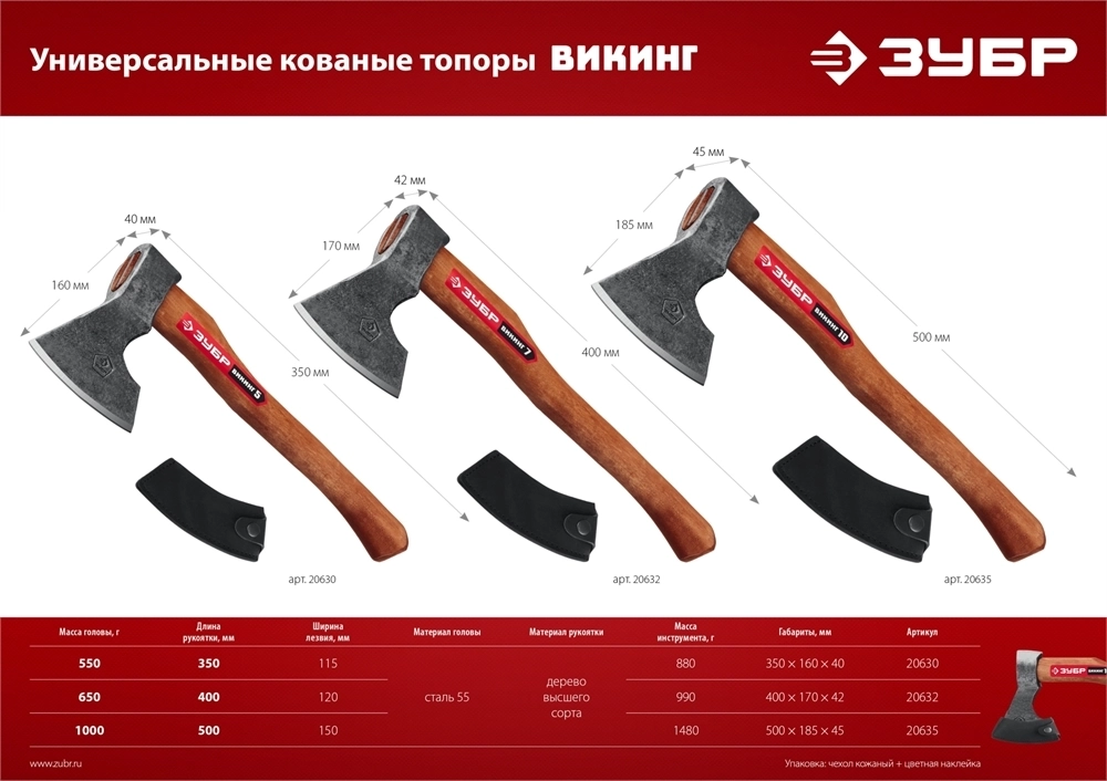ЗУБР  ВИКИНГ-10, 1100/1450 г, 500 мм, универсальный кованый топор (20635) 20635