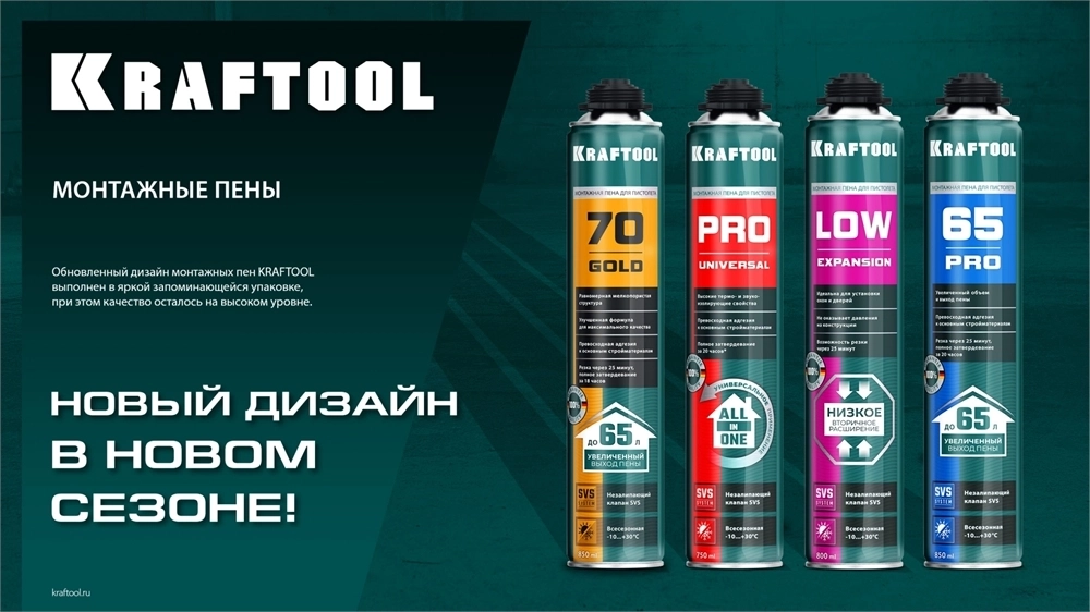 KRAFTOOL  PRO 65, 850 мл, пистолетная, всесезонная, SVS, не залипающий клапан, выход до 65 л, монтажная пена (41184) 41184_z01